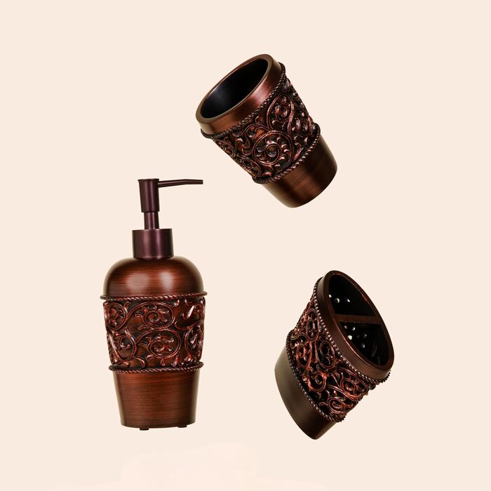 Набір аксесуарів для ванної кімнати Essentra Home, бронза (4 шт): тримач для зубних щіток, дозатор для лосьйону, склянка, мильниця