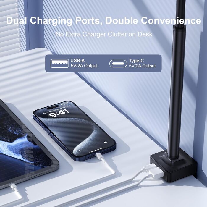 LED лампа настільна з регулюванням яскравості - 1500LM 24W, кріплення-прищіпка, з пультом, гнушкий 80см шнур, USB-порт, для офісу та дому (Чорний)