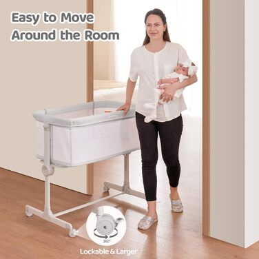 Ezebaby Bedside Sleeper, 2-in-1 Baby Bed from Birth up to 9 kg, Co-Sleeper with 7 Height Adjustments, Includes Mattress/Foldable Side Rail/Wheels, Mesh Fabric Crib (Dark Grey)