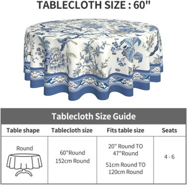Кругла скатертина Giwawa Chinoiserie 152 см, синьо-біла, з квітами та птахами, порцеляновий орнамент, східний стиль, термостійка, багаторазова, для кухні та їдальні