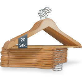 Набір дерев'яних вішалок ACTIVE SOUL (20 шт.) з вирізами для одягу та перемичкою для штанів, 360° обертання, для костюмів, сорочок, блузок та штанів
