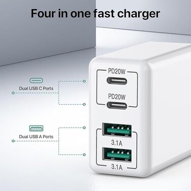 Блок зарядного пристрою USB C на 40W з 4 портами, швидка зарядка PD+QC, для iPhone, Samsung, Tablet, білий (3 шт.)