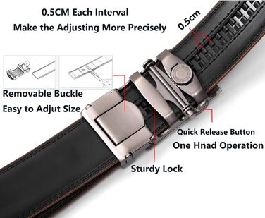 Чоловічий шкіряний ремінь VRLEGEND з автоматичною пряжкою (ратинг) без дірок для бізнесу/костюма, регульований розмір, з подарунковою коробкою, чорний