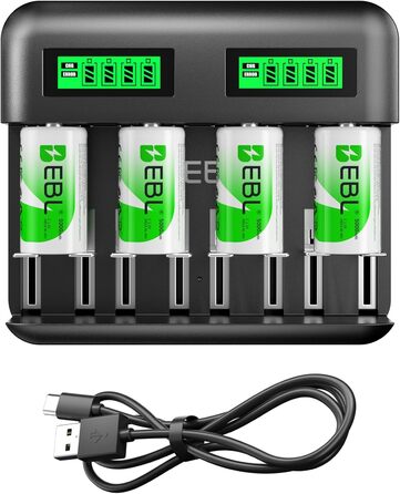 Зарядний пристрій EBL для акумуляторів AA AAA C D NI-MH, Type-C, LCD дисплей, швидка зарядка (зарядний пристрій + 4 x C)