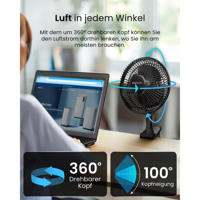 Mini вентилятор Pro Breeze з кліпсою, 20 см, 2 швидкості, тихий, для столу, офісу, кімнати (Чорний)