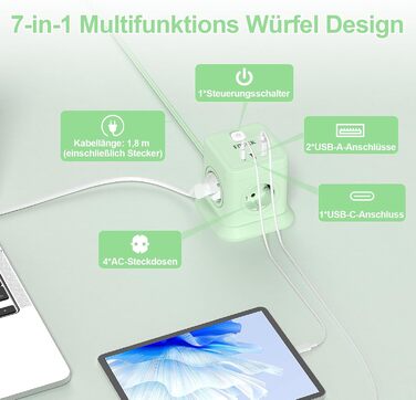 Мережевий адаптер FDTEK 7-в-1 з USB-C та USB-A, 4 розетки, 2500W/10A, куб з вимикачем, 1.8м кабель