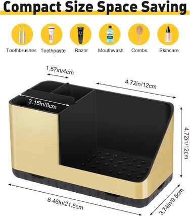 Тримач для зубних щіток у ванну кімнату: органайзер з отвором для стоку, для електричної та звичайної щітки, сірий (Brushed Gold)