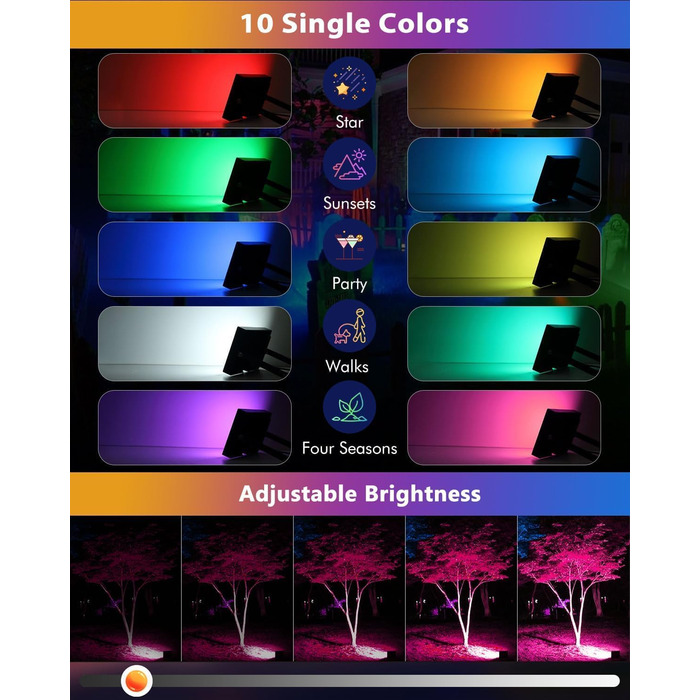 MEIKEE 60W RGB Spotlight with Remote Control, 30 Modes, 10 Colors, Timer, RGB Floodlight, IP66 Waterproof, 6 Brightness Levels, Projector, Colorful, Christmas, Halloween, Party LED Spotlight, Color Decorative, 2 Pieces