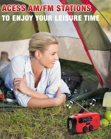 Радіо-пристрій на ручному валу Emgykit для надзвичайних ситуацій з сонячною батареєю та 3 LED-ліхтариками, 2000mAh, AM/FM/NOAA, SOS-функція, для кемпінгу, червоний