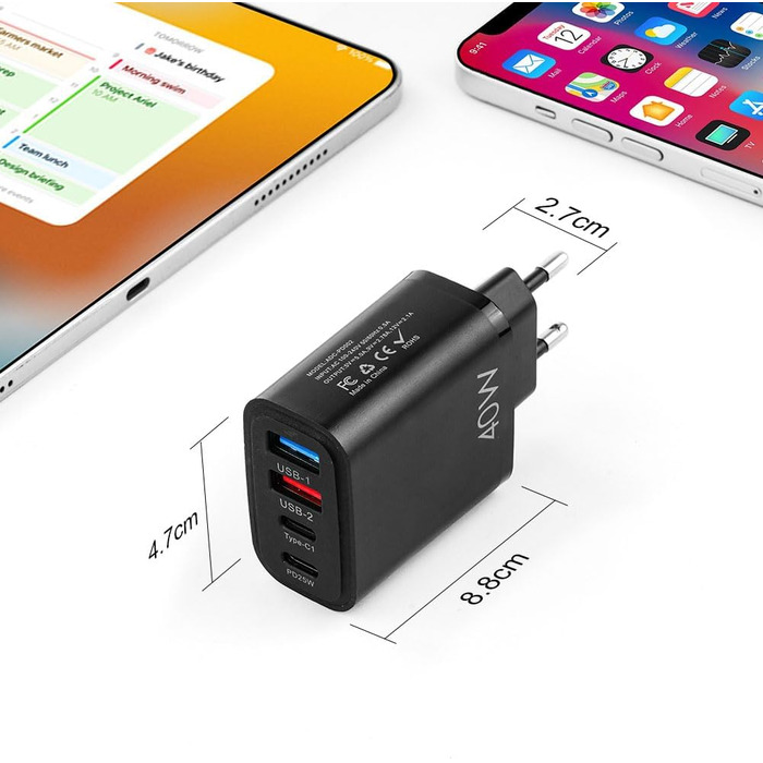 Мережевий адаптер AXFEE 65W з 5 портами: USB-C та USB-A, швидка зарядка PD 3.0, для iPhone 14 Pro Max 13, чорний