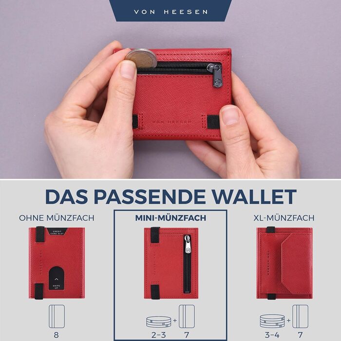 Шкіряний тонкий гаманець VON HEESEN з RFID захистом, компактний картхолдер для чоловіків та жінок, червоний (Saffiano), з міні-відсіком для монет