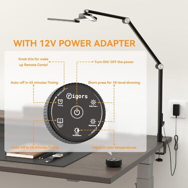 LED лампа для столу Rigors 60 см з двома головками, диммування, 900 лм, денне світло, захист очей, кріплення, 5 кольорів, 10 рівнів яскравості, гнучкий шийка 360°, з адаптером живлення (Th-black)