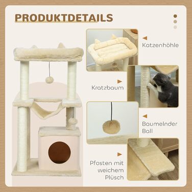 PawHut Кігтеточка для котів з гамаком, платформою та гротовою, 90 см, плюш, сизаль, кремовий