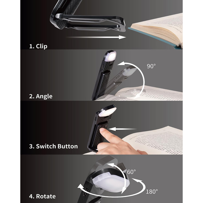 LED-ліхтарик для читання, перезаряджуваний, ультралегкий, 3 кольори (бурштиновий), 5 рівнів яскравості, диммер, модний, портативний, чорний/рожевий