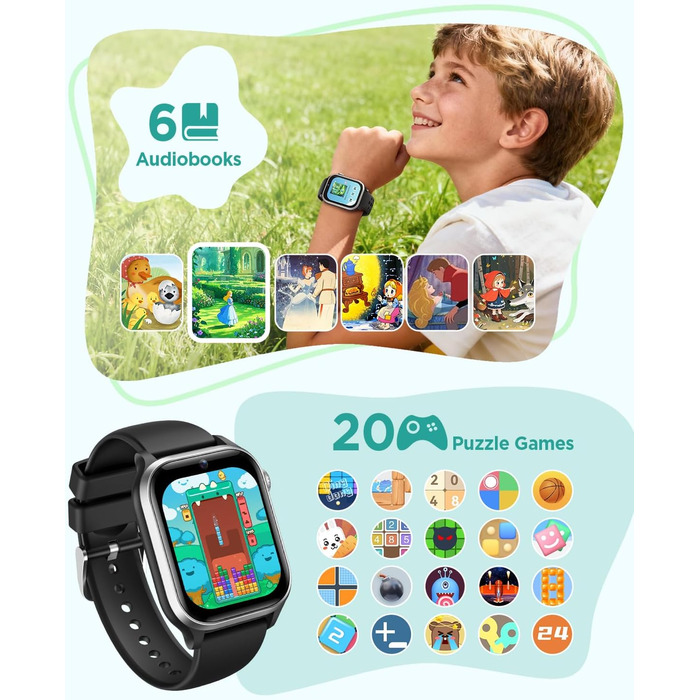 Смарт-годинник RUXINGX для дітей, 1.52″, крокомір, водонепроникний (IP68), з 170+ спортивними режимами, моніторингом серцевого ритму, сном, аудіокнигами, 20 карток для навчання, будильником, чорний
