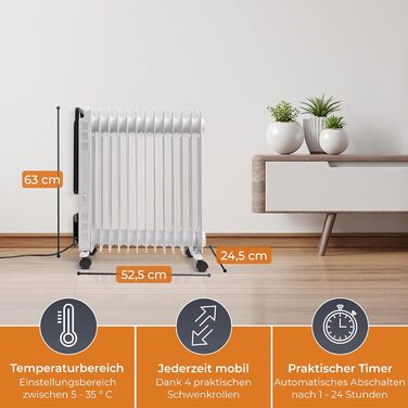 KLAMER Oil Radiator 2500 W, Electric Heater, Energy-Saving, 13 Fins, 3 Heating Levels with Eco Mode, 24h Timer, Thermostat, Overheat & Tip-Over Protection, with Remote Control, for Indoor Use, White/Weiss