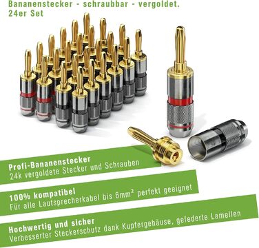 Бананові роз'єми 24 шт. Professionell для кабелів до 6 мм², позолочені 24K (червоні/чорні) - High-End