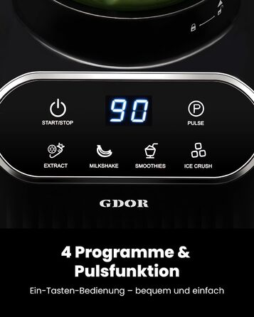 Професійний блендер GDOR 1200W з 5 програмами, 1,5л скляний контейнер та 700мл стакан для напоїв. Ідеально для смузі, шейків та кришеного льоду. Самостійне очищення.