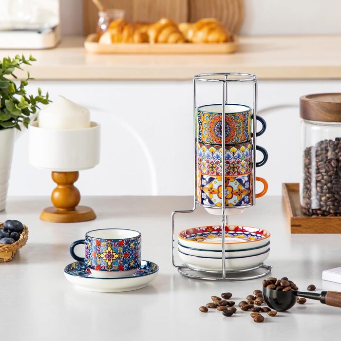 Набір чашок для еспресо Vancasso 4 шт., 150 мл SIMI, з підставками та стійкою, керамічні, для капучіно, еспресо, лате