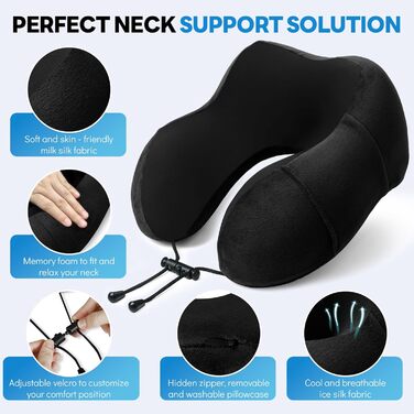 Подушка для шиї у літак - туристична подушка з memory foam, ергономічна форма - з маскою для сну, навушниками, сумкою - ідеальна для подорожей, офісу, дому (Чорний)