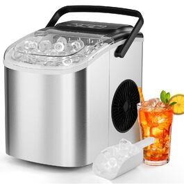 Машина для приготування льоду, 12 кг/24 год, 9 кубиків за 6 хвилин, 2 розміри кубиків, з нержавіючої сталі, самоочищення, з лопаткою та кошиком, для кухні, офісу, бару та вечірки