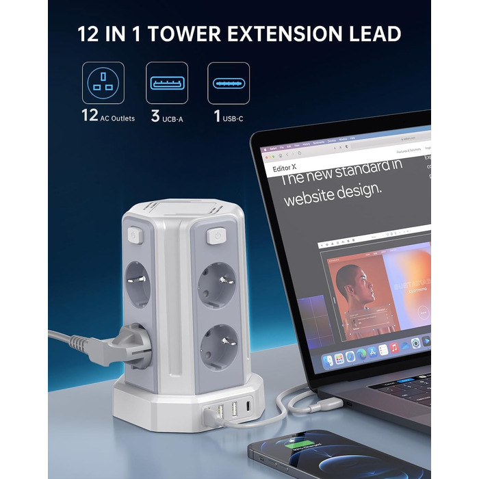 Мережевий фільтр Sameriver з 4 USB, 8 розеток, захистом від перенапруги, з вимикачем, 2м, білий