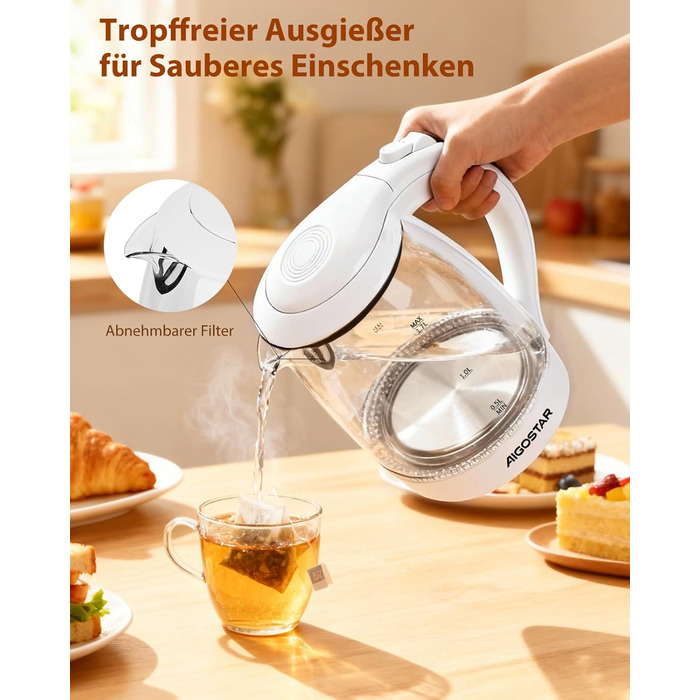 Електричний чайник Aigostar 1.7 л, 2200 Вт, зі скляною колбою, LED-підсвічуванням, без BPA, з фільтром від накипу, чорний (Eve)