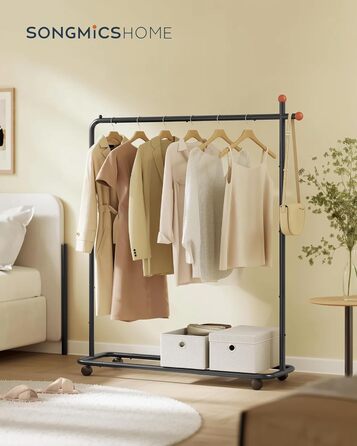 SONGMICS HOME Clothes Rack with Wheels, Coat Rack, 2 Clothes Rails, Shelf, Side Organizer, Matchstick-Shaped Hooks, Stable, Bedroom, Hallway, HSR171B01 (39W x 154.6H cm, Ink Black)