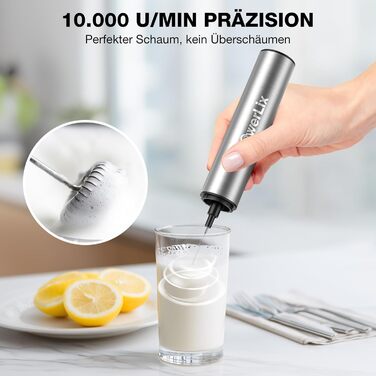 POWERLIX Pro 3-в-1 Електричний Молочний Піноутворювач Ручний - USB-C, Акумулятор, 10 000 об/хв, Змінні Насадки для Латте Макіато/Капучино/Збитий Крем, Портативний Барista