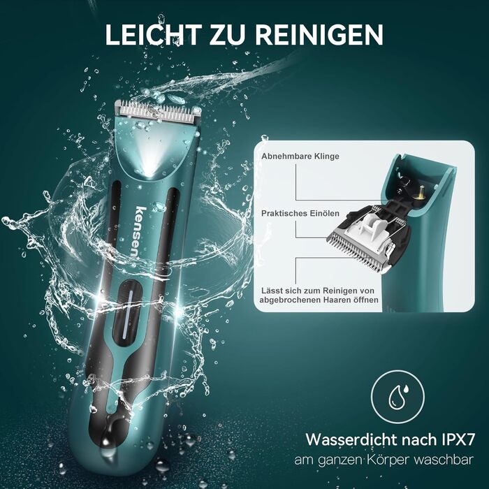Електричний тример для тіла чоловічий Kensen з LED-підсвічуванням, водонепроникний IPX7, 100 хвилин роботи, зелений