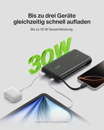 Зовнішній акумулятор Belkin Portable Powerbank 20000 mAh 30W з вбудованим кабелем USB-C PD для iPhone 16, iPad Pro, Samsung Galaxy S25, чорний