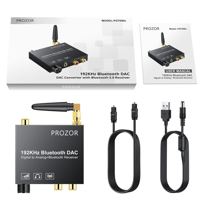 Bluetooth аудіоприймач PROZOR DAC: перетворювач з оптичним входом, Aux/RCA, регулювання гучності
