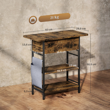HOMCOM Bedside Table with Power Strip, 2 Tiers, USB Ports, and Storage - Rustic Brown (60 x 29.8 x 58.5 cm)