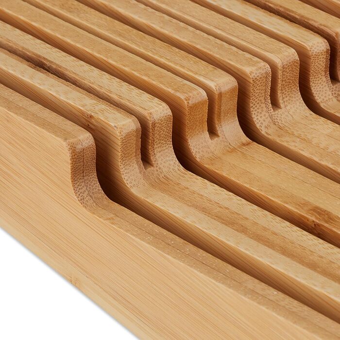 Relaxdays Knife Block Drawer, for 9 Knives & Honing Steel, Bamboo Knife Block Lying, HxWxD: 5.5 x 13 x 40 cm, natural