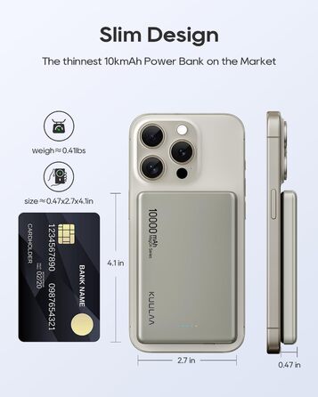 Power Bank Kuulaa MagSafe 10000 mAh, 20W, Тонкий, Магнітний, для iPhone, Space Grey (Natural Titanium)