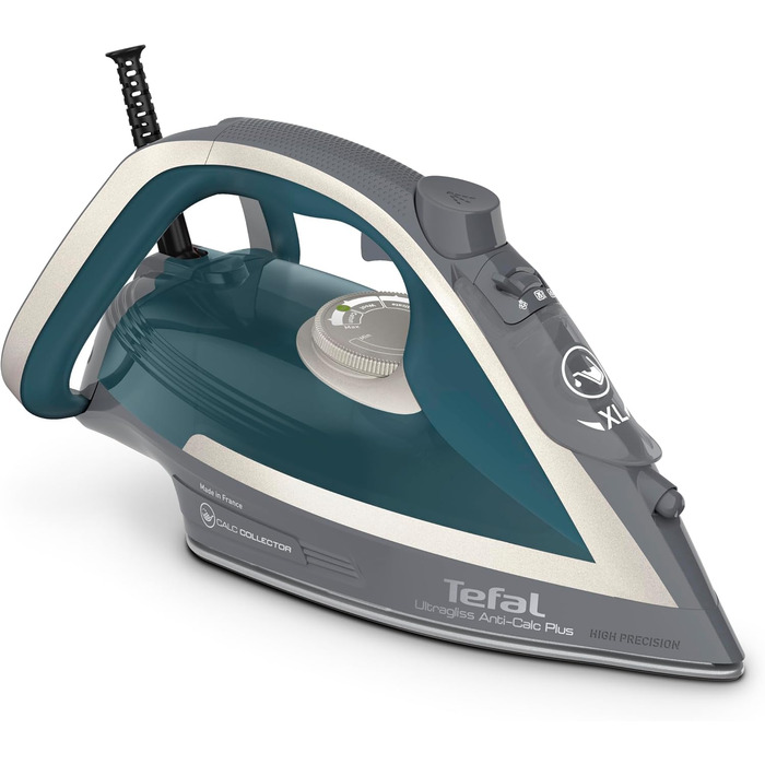 Парова праска Tefal Ultragliss Plus FV6842, 2800 Вт, знімний колектор накипу, подача пари 50 г/хв, паровий удар 260 г/хв, автоматичне вимкнення, захист від накипу, антицарапка, бірюзово-сіра