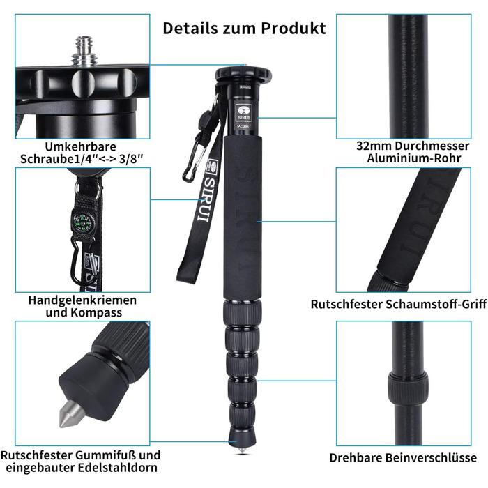Штатив-монопод SIRUI P-306 для камери: легкий, компактний, алюміній, 6 секцій, до 155 см, 8 кг