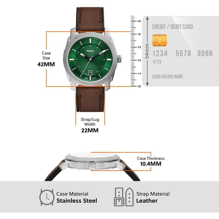 Годинник Fossil Machine для чоловіків, кварцовий, з датою, сталевий або шкіряний ремінець (42 мм, колір: холодний зелений)