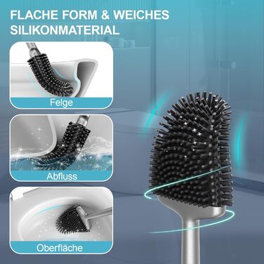 Щітка для унітазу з силікону Waretary з тримачем, нержавіюча сталь, гнучкий наконечник, швидке висихання, для ванної кімнати (срібляста)