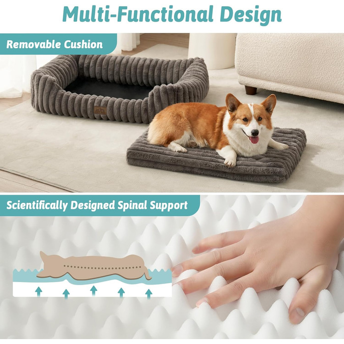 Ортопедичне собаче ліжко COZY KISS, м'яке штучне хутро, для собак маленьких та середніх порід, з високим бортиком, 76x58x18 см (сірий, 89x64x20 см)