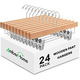 24 дерев'яних вішалки для штанів з кліпсами Amber Home - вішалки для штанів, джинсів, шортів (натуральне дерево)