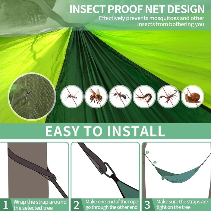 Гамак CIRULLI з москітною сіткою 260x140 см, вантажопідйомність 300 кг, парашутний нейлон, для кемпінгу, саду