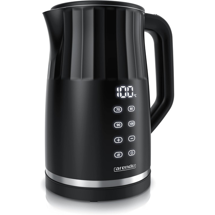 Електричний чайник Arendo з регулюванням температури, нержавіюча сталь, подвійні стінки Cool Touch, дисплей, бездротовий, 2200 Вт, 1,7 л, захист від перегріву, функція підтримання тепла, чорний