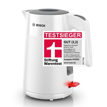 Електричний чайник Bosch MyMoment TWK2M161, 1.7 л, 2400 Вт, білий матовий, з автоматичним відключенням, захистом від перегріву, показом кількості чашок та фільтром від накипу