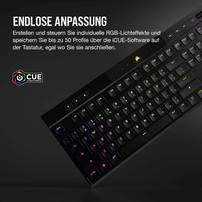 Ігрова механічна клавіатура Corsair K100 Air Wireless RGB з перемикачами Cherry MX Ultra Low Profile, Bluetooth, QWERTZ DE, чорна