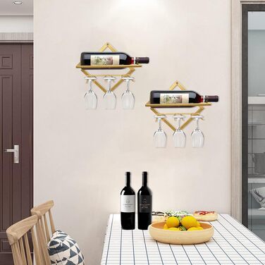 2pcs Metal Wall Mounted Wine Rack Stemware Glass Rack, Folding Wall Hanging Red Wine Shelf Organizer with 3 Stem Glass Holders, Black Wine Bottle Hanger for Home Kitchen Bar Wall Decor (Gold Bb)