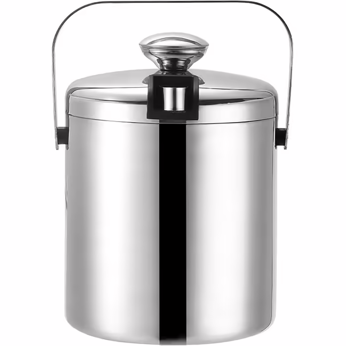Stainless steel ice container with lid including tongs and strainer. Made from food-grade 304 stainless steel, double-walled insulated ice cube container with carrying handle for optimally cooled ice cubes (1.3L)