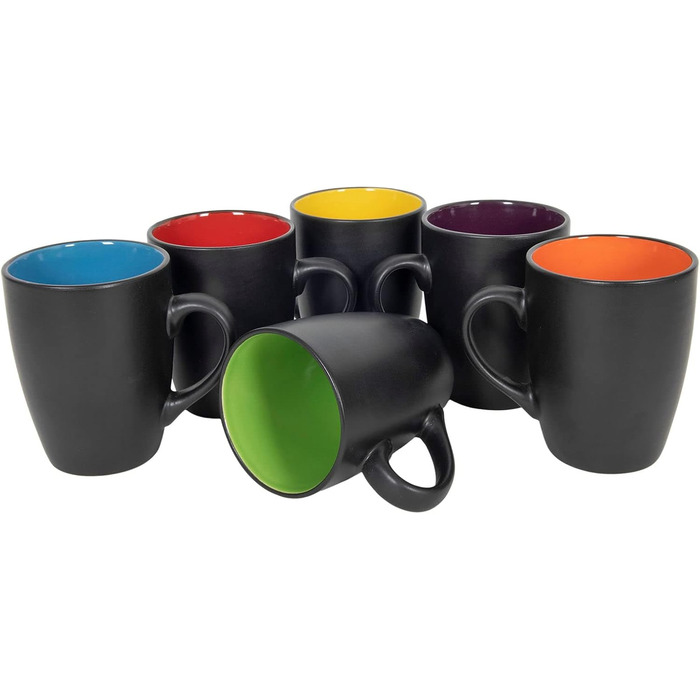Набір келихів для кави 6 шт. 340 мл - чорний матовий/всередині кольоровий - з ручкою - чайний/кавовий з порцеляни, багато кольорів