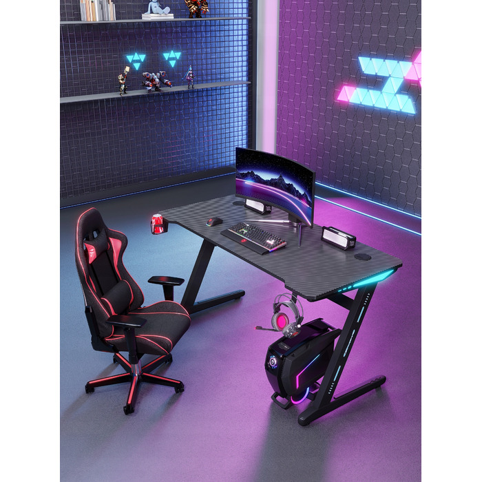 Ігровий комп'ютерний стіл з LED-підсвіткою, сучасний геймерський стіл, 140 см, чорний