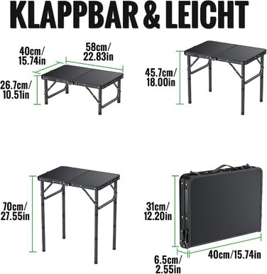 Складаний туристичний стіл Garllen 87x40 см, 3 висоти (26/48/70 см) - для кемпінгу, пікніків, саду та грилю